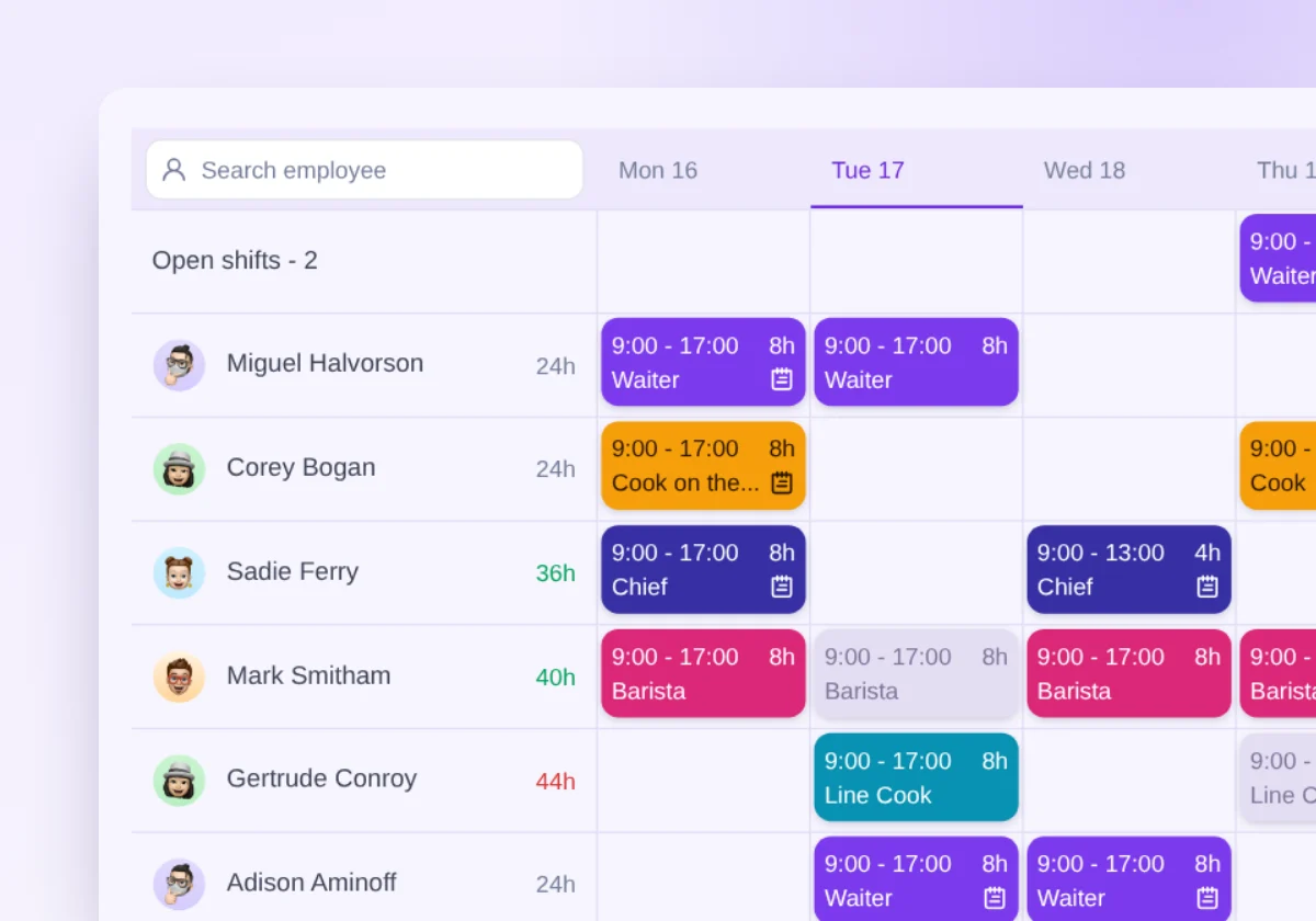 Shifts in the Web Admin, in the sample brand Orbita