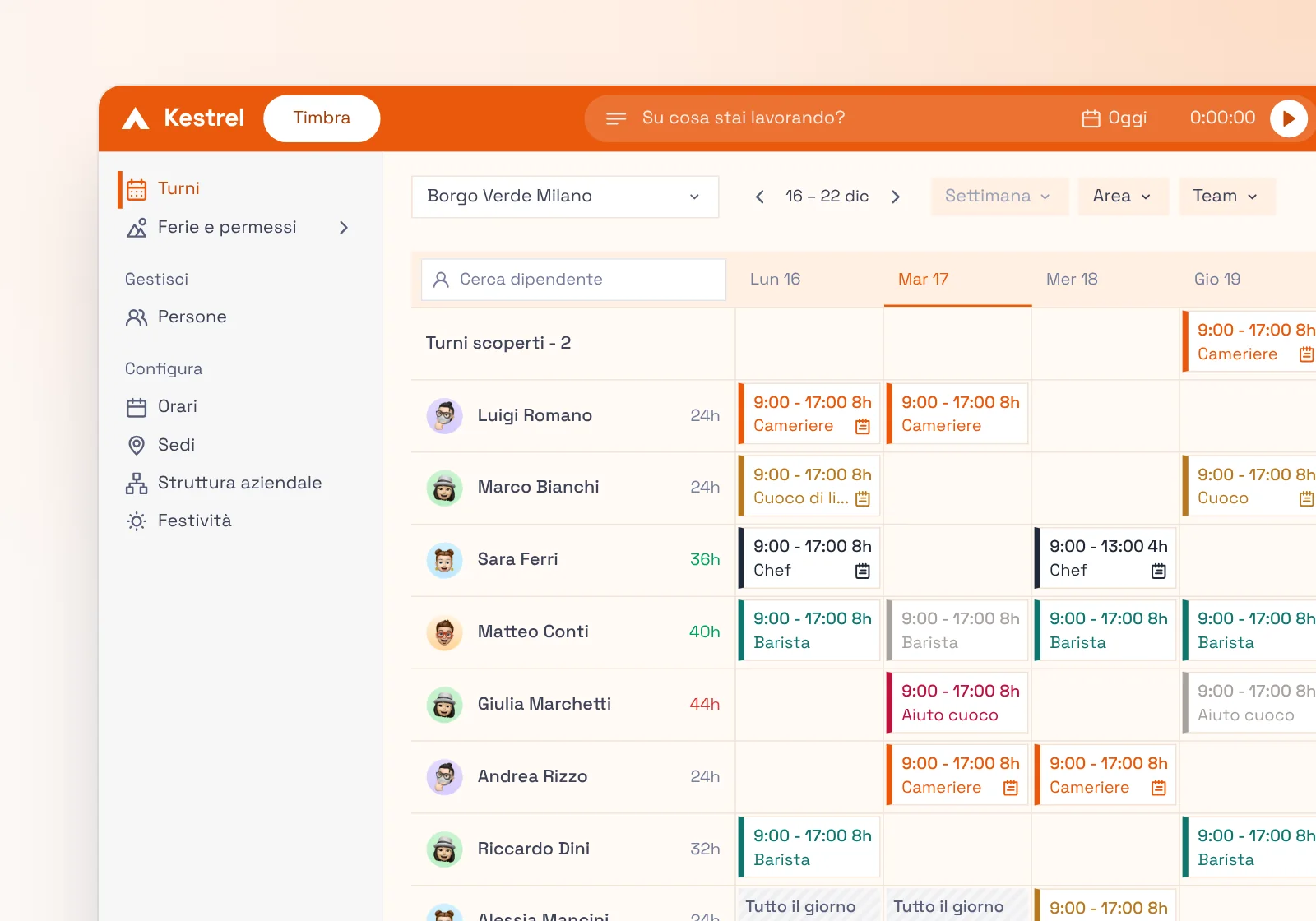 Il Web Admin con logo, colore e menu del marchio di esempio Kestrel