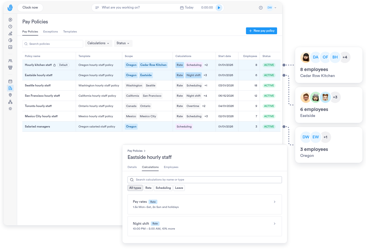 Pay policies with their calculations and the employees each one applies to