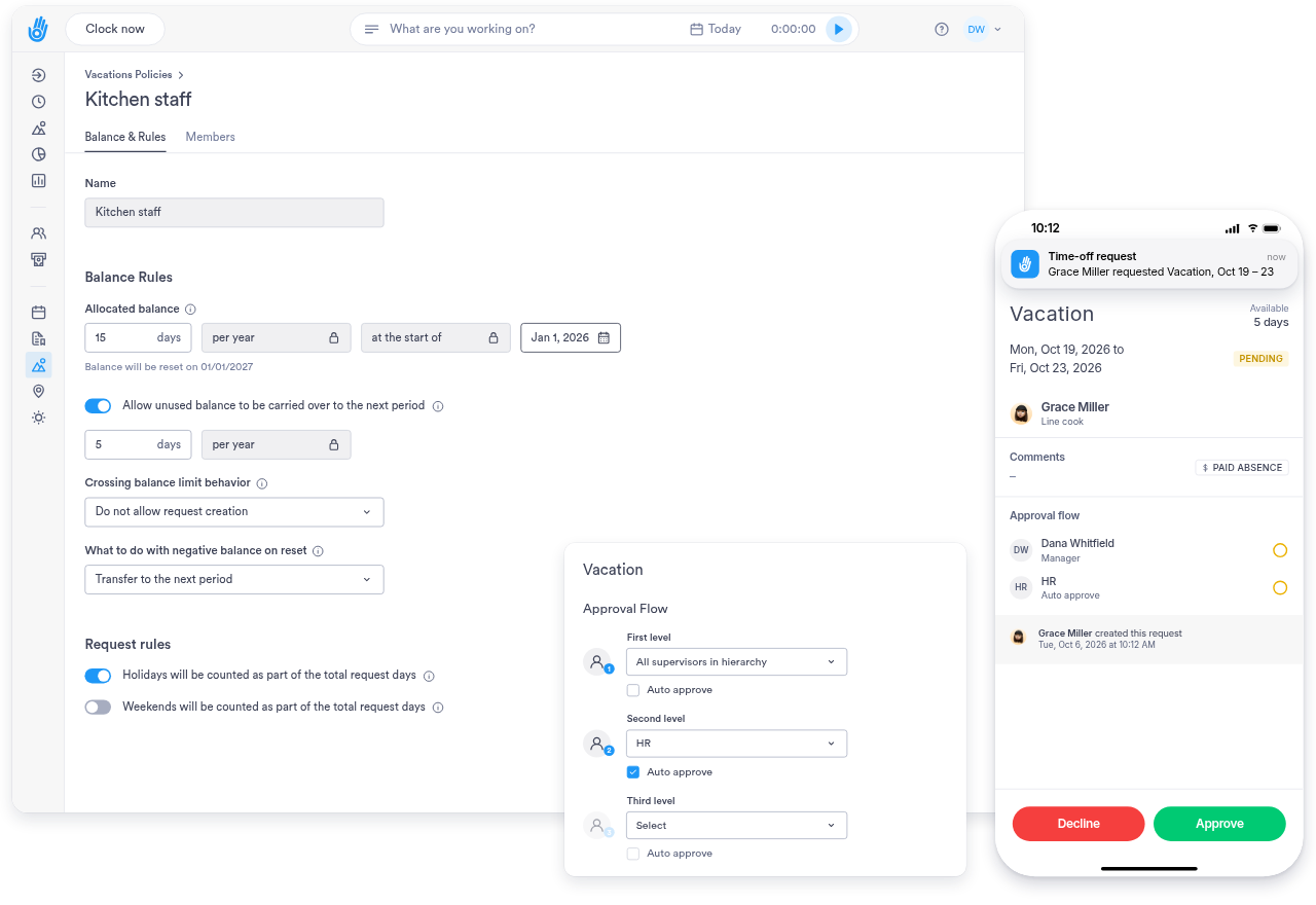 A vacation policy, its approval flow and the manager approving a request on iOS